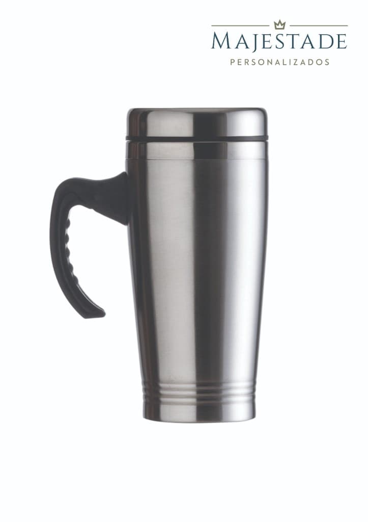 Caneca térmica alta de inox com alça preta