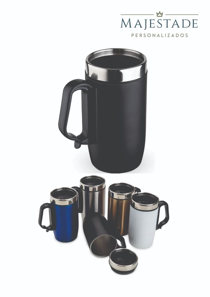 Caneca térmica preta e a linha em outras cores