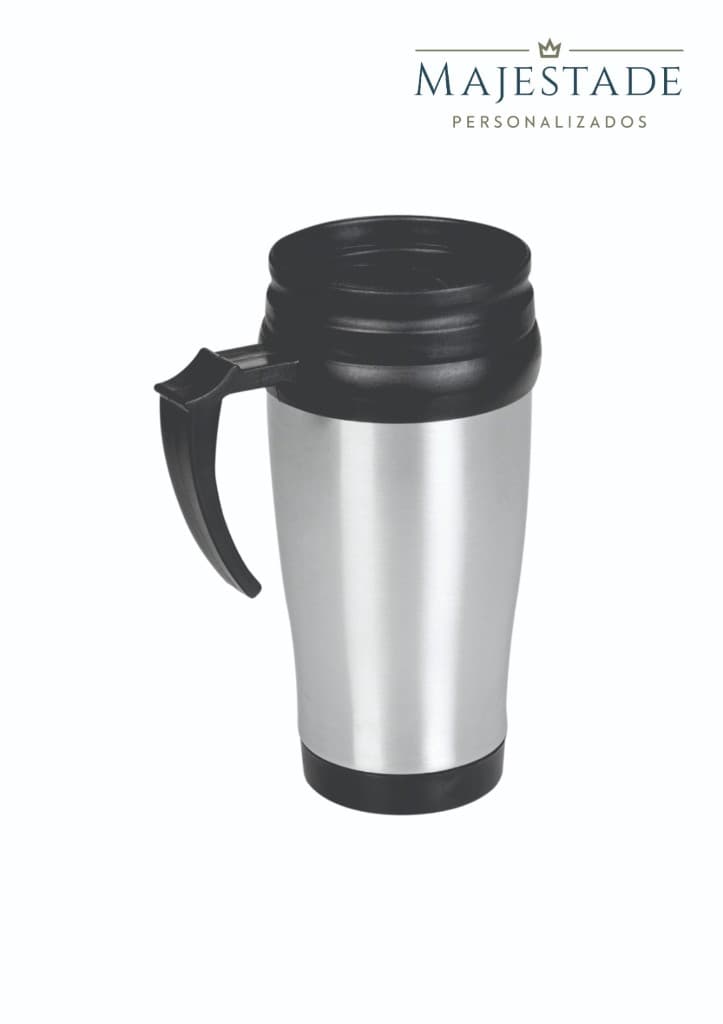Caneca térmica de inox com tampa e base pretas
